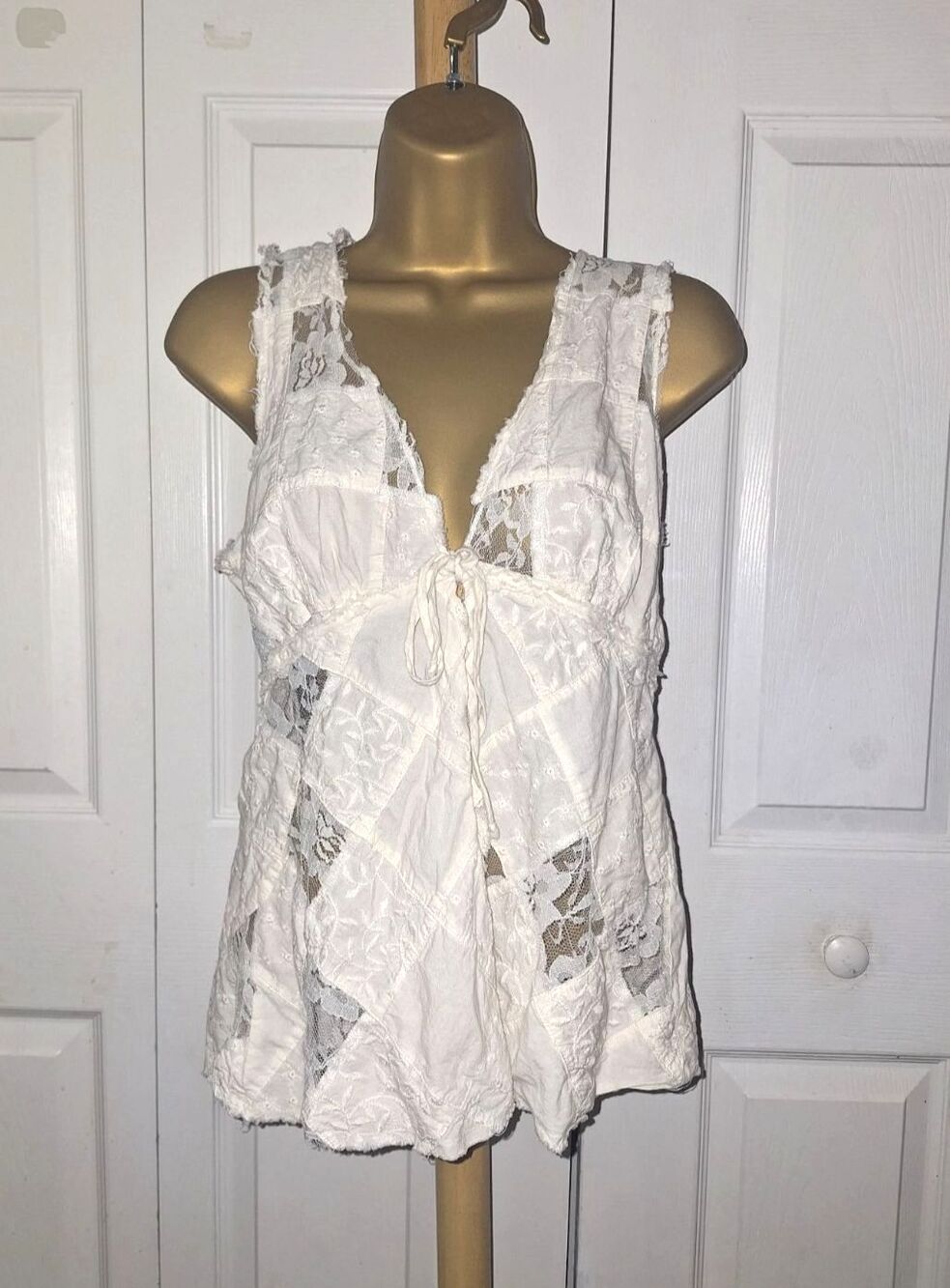 Cream Lace Patchwork Babydoll Tank Camisole Top M Cottage Boho Shabby Going Out